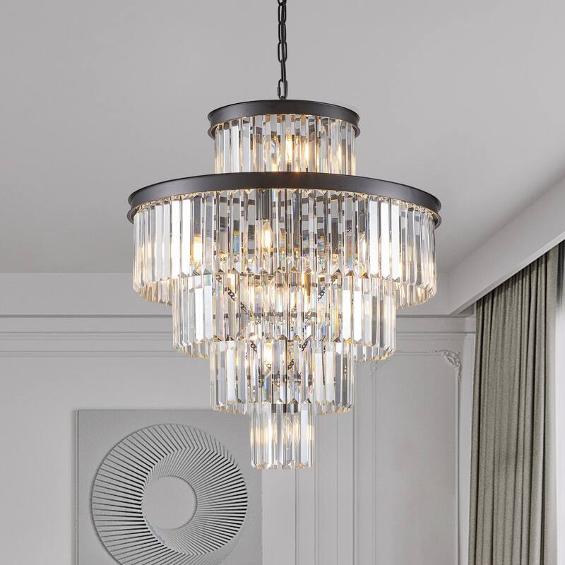 24" Luxury Crystal Chandelier with Black Finish - Elegant 15-Light 5 Tier Pendant Light Fixture for Living Room, Dining Room - Black