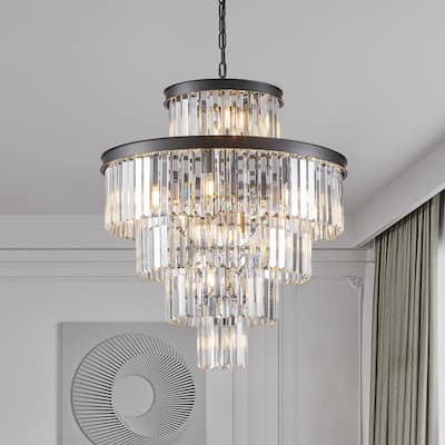 24" Luxury Crystal Chandelier with Black Finish - Elegant 15-Light 5 Tier Pendant Light Fixture for Living Room, Dining Room