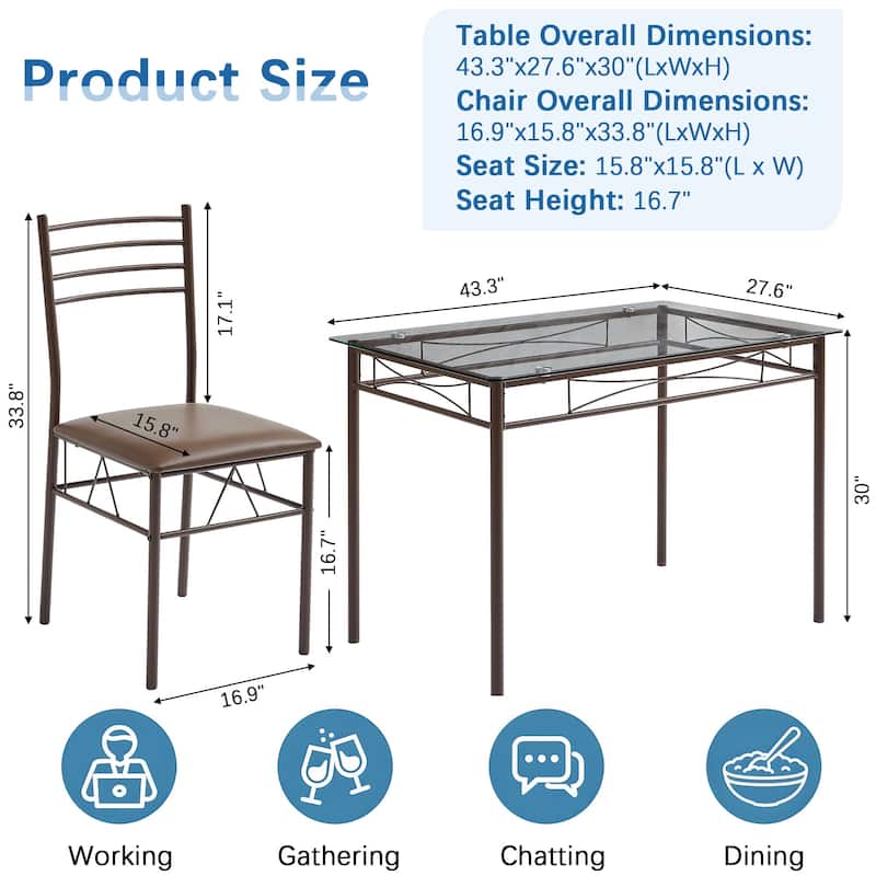 5-pieces Modern Dining Sets,Tempered Glass Table Top and 4 PU Chairs