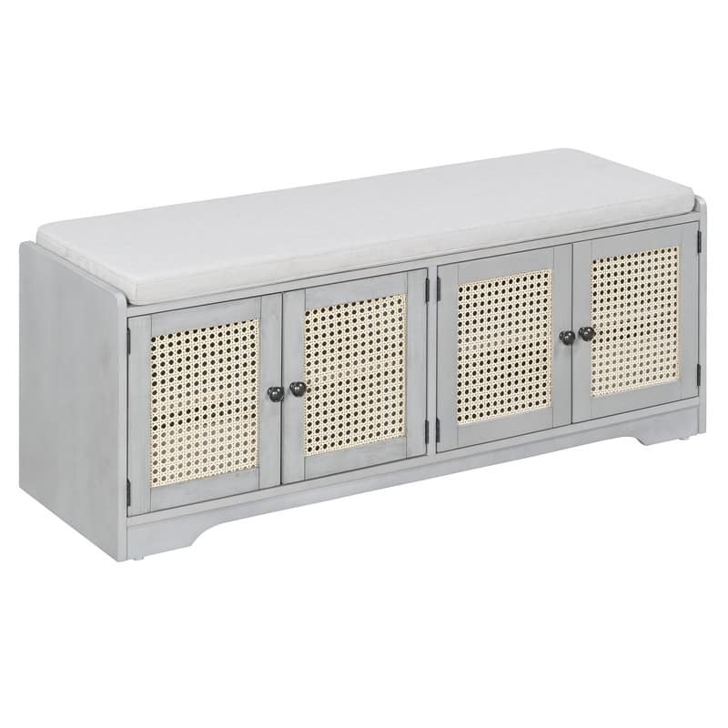 Rustic 47.4" Storage Bench Multifunctional Wooden Entryway Organizer with Removable Cushion and Rattan Doors