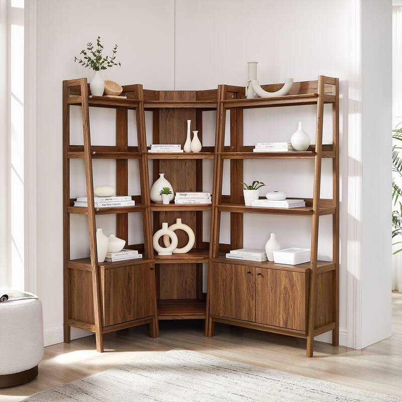Bixby 3 Piece Corner Bookshelf Set With Wide and Narrow Bookshelves - Walnut
