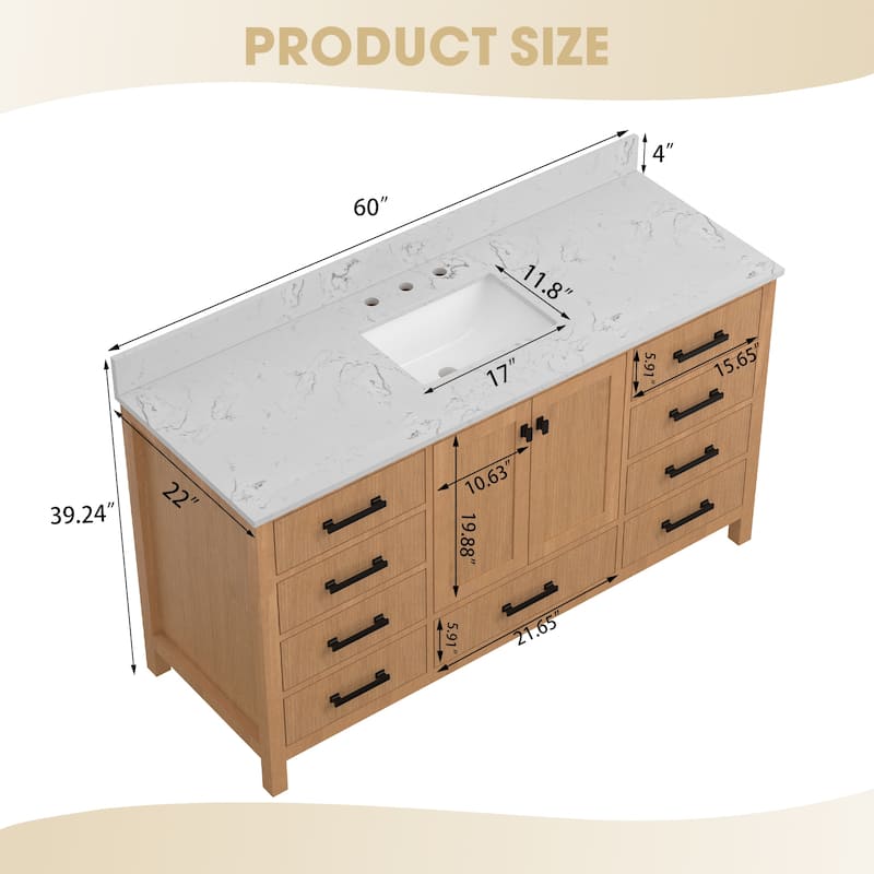 60 inch Solid Wood Freestanding Bath Vanity Engineered Countertop Undermount Rectangular Ceramic Sink - 60 inch