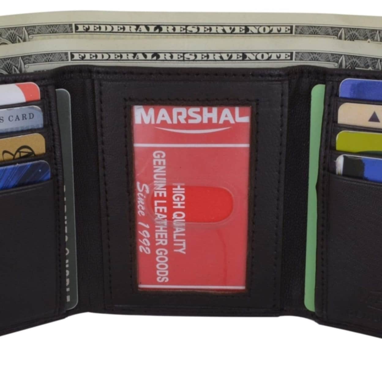 Men/'s Genuine Leather Trifold Wallet Brown 8 Credit Card slots ID window