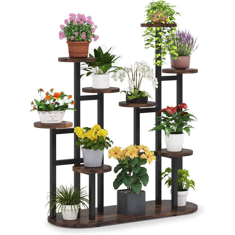 Black-Brown Metal Particleboard Multi-Tier Plant Stand for 11 Pots - 39.37” W x 43.3” H - Black-Brown