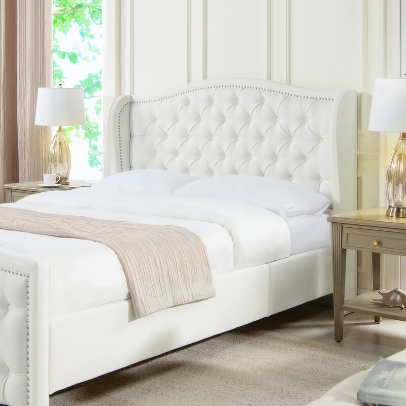 Queen Platform Bed Frame with Wingback Headboard in Antique White