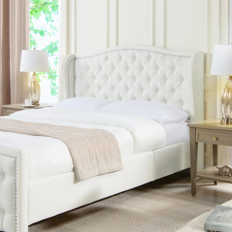 Queen Wingback Upholstered Platform Bed Frame - Polyester Fabric, Foam Fill, Stylish & Supportive