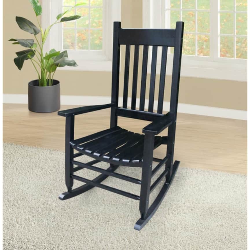 Black wooden porch rocker chair with size 26"(L) x 33.5"(W) x 46.5"(H)