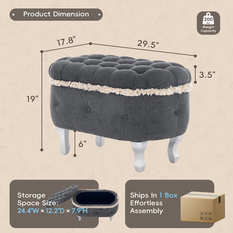 Roomfitters Upholstered Storage Bench with Button Tufted Top, End of Bed Bench with Fringe and Curved Legs
