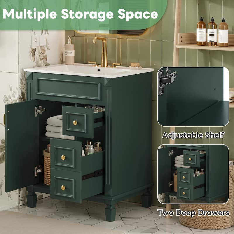 24" Bathroom Vanity with Ceramic Sink Bathroom Storage Cabinet with 2 Drawers and Adjustable Shelf