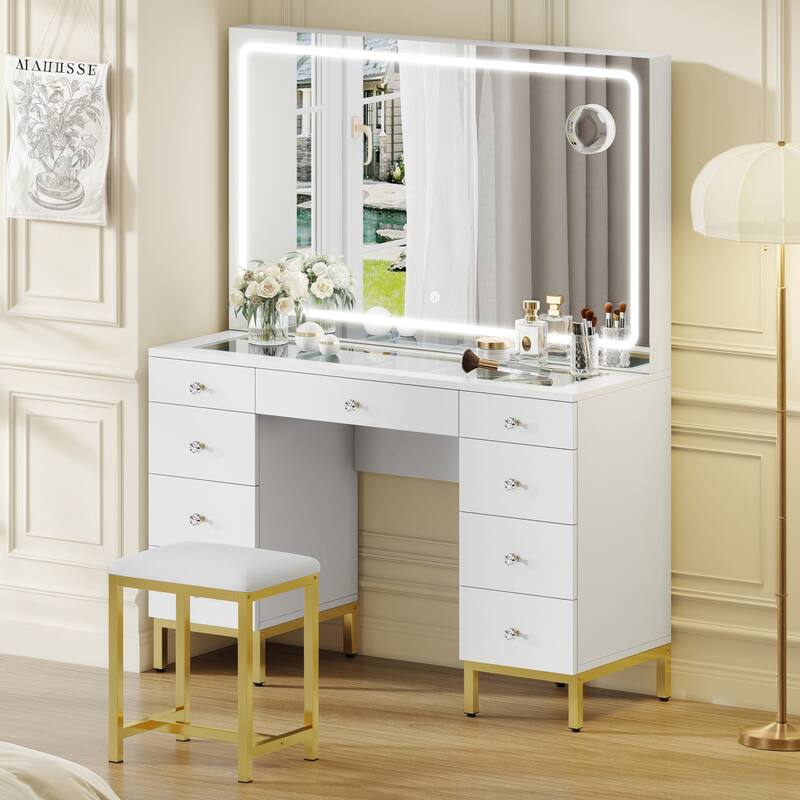 45" Vanity Desk Set with 9 Drawers and Large Hollywood Bulbs Mirror Power Outlet - White