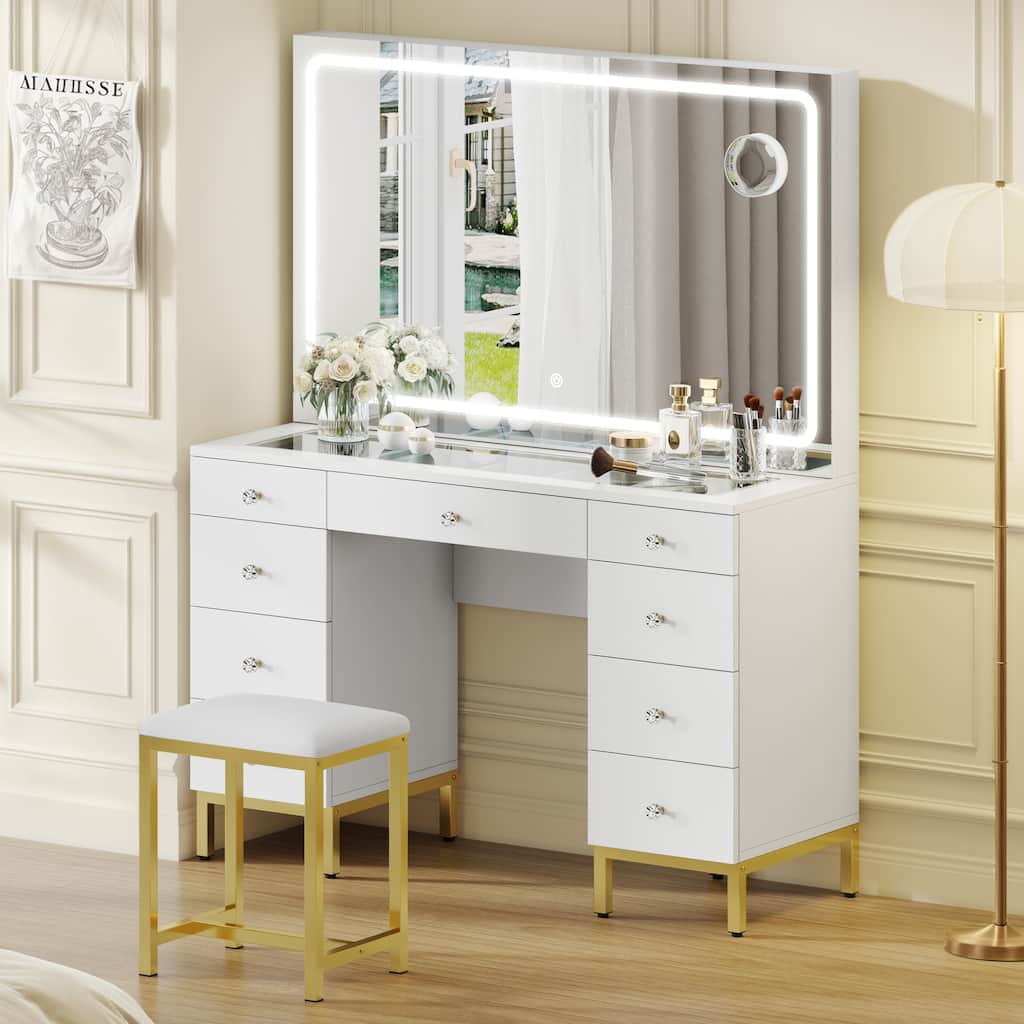 45" Vanity Desk Set with 9 Drawers and Large Hollywood Bulbs Mirror Power Outlet
