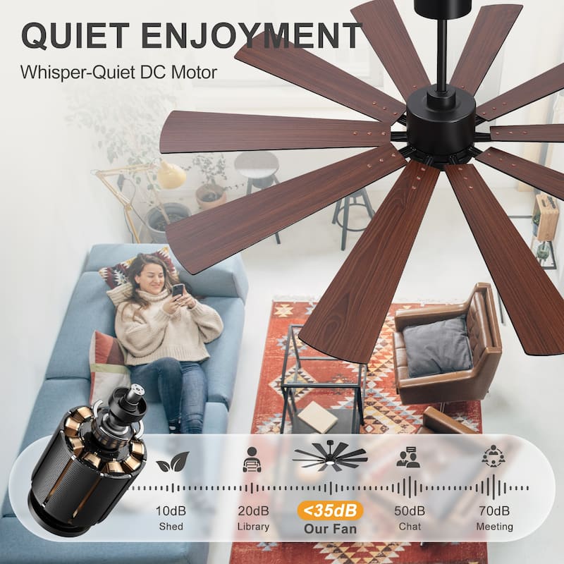 62"/72" Reversible 10-Blade Large LED Ceiling Fan with Light and Remote