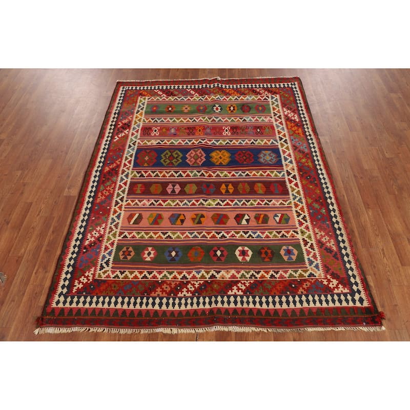 Vegetable Dye Kilim Qashqai Persian Vintage Tribal Wool Carpet - 4'11"x 6'5"