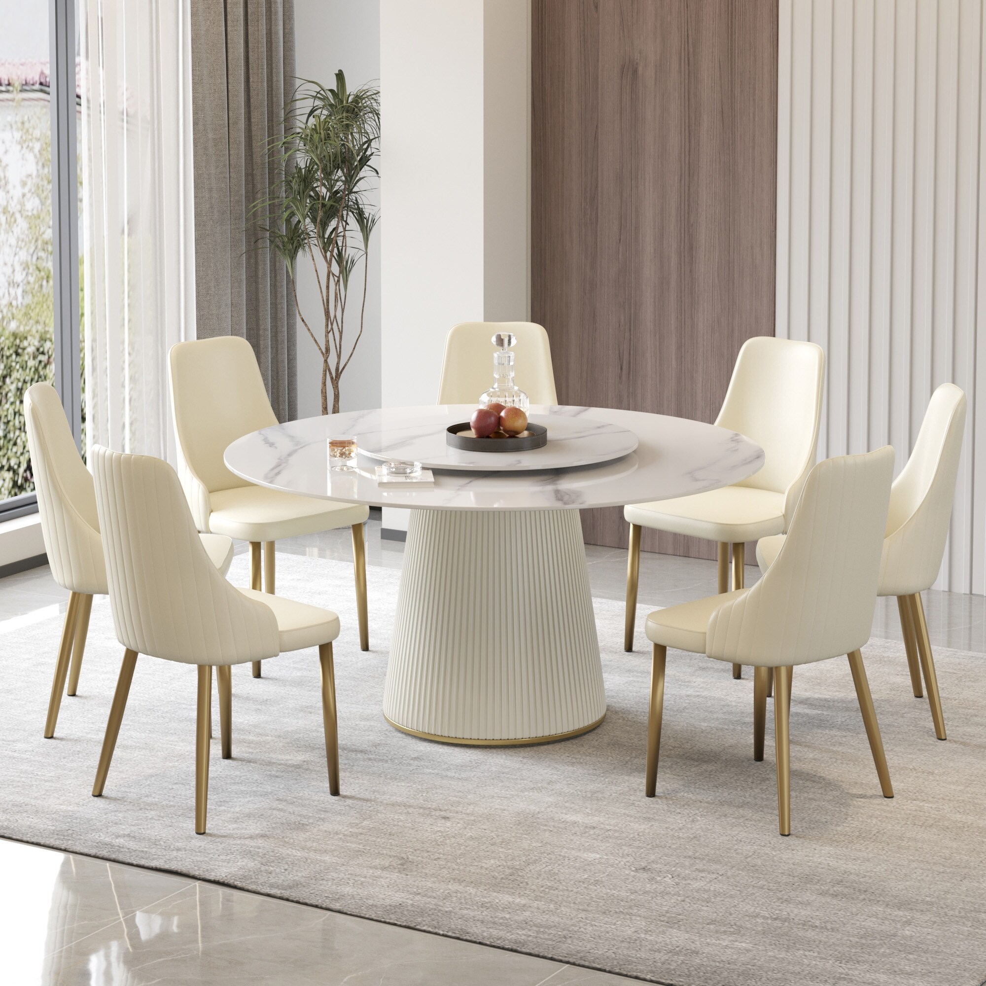 59'' Round Dining Table for 8, White Sintered Stone Tabletop