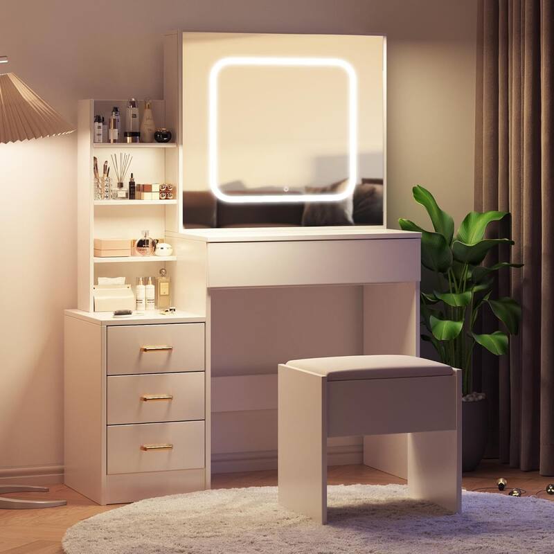 4 Drawers Dressing Table, Makeup Vanity Desk with Mirror and Lights for Bedroom