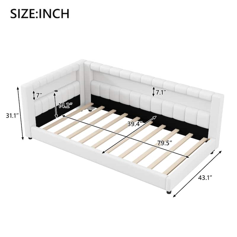 Upholstered Low-Profile Daybed Platform Bed Built-in USB Ports and LED Light Belt, Grounded Design with Padded Backrest