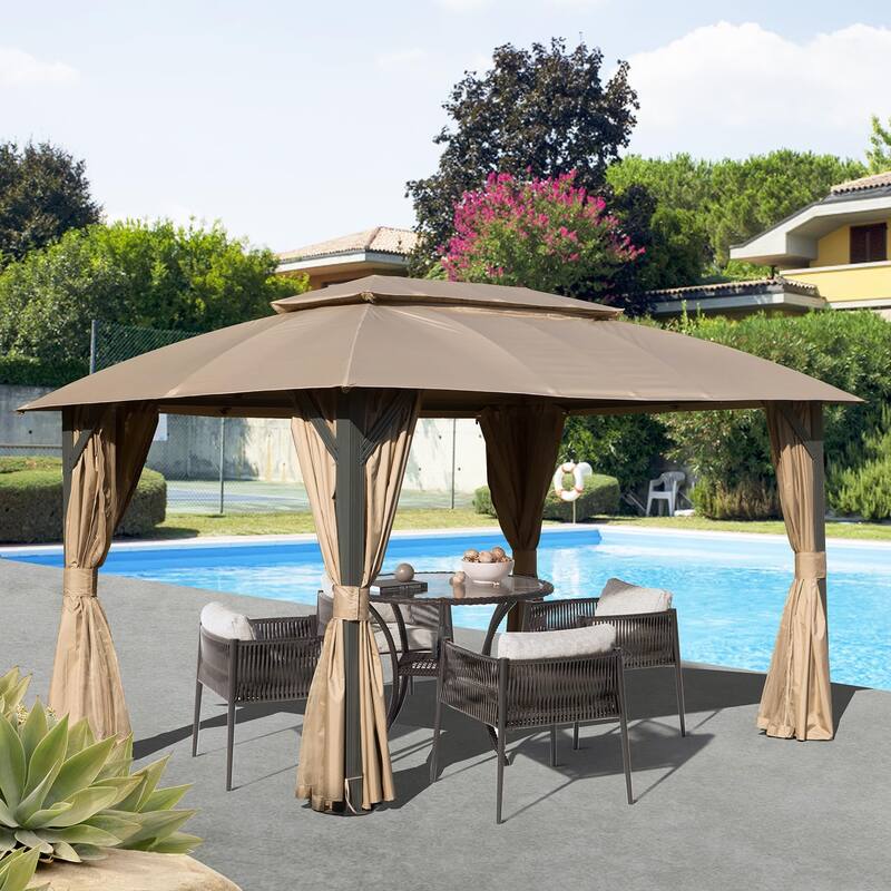 10x14FT Outdoor Gazebo with Double Roofs,Privacy Curtains,Mosquito Nettings,Heavy Duty Metal Frame Party Tent Canopy for Patio - Brown