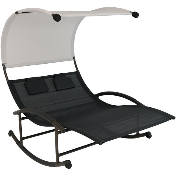 slide 2 of 10, Sunnydaze Double Chaise Rocking Lounge with Canopy and Headrest Pillows - Black
