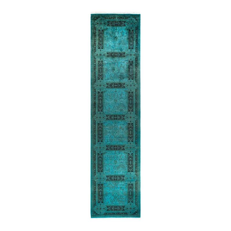 Overton Hand Knotted Wool Vintage Inspired Modern Contemporary Overdyed Blue Runner Rug - 3' 1" x 13' 0"
