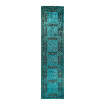 Overton Hand Knotted Wool Vintage Inspired Modern Contemporary Overdyed Blue Runner Rug - 3' 1" x 13' 0"