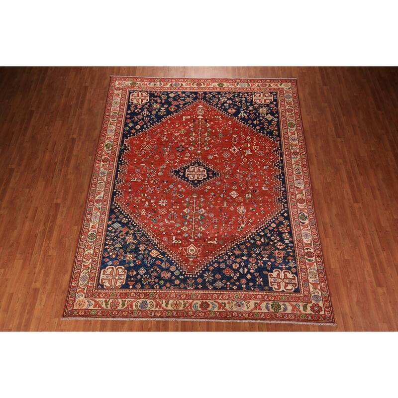 Tribal Geometric Yalameh Vegetable Dye Rug Hand-Knotted Wool Carpet - 9'0" x 11'6"