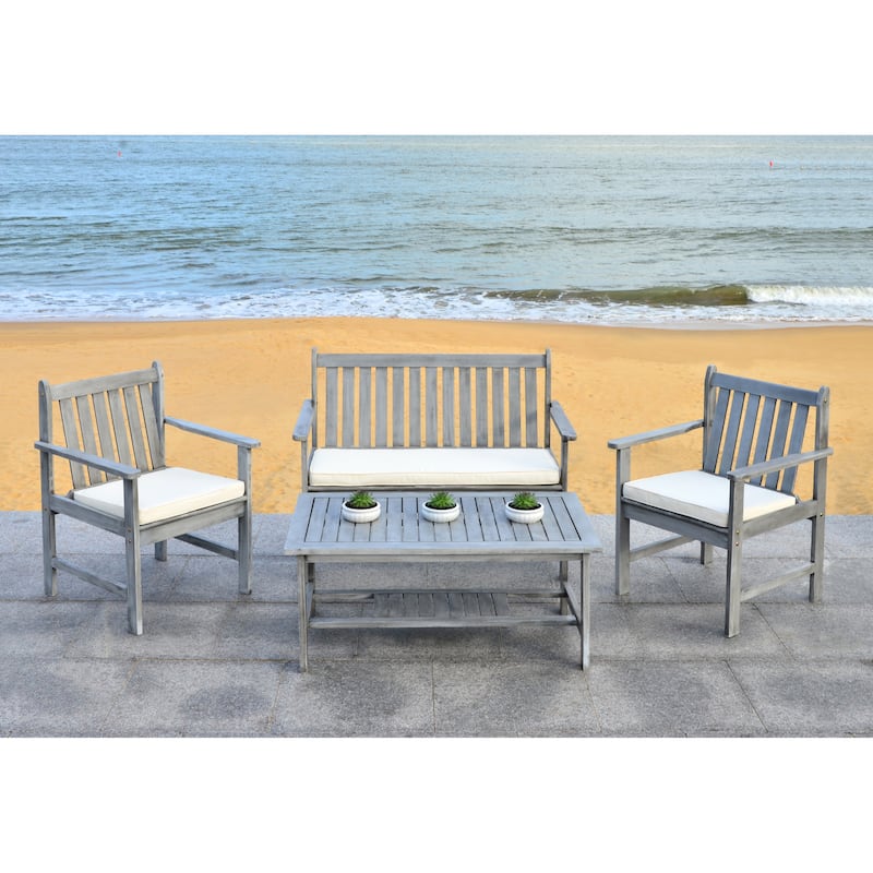 SAFAVIEH Outdoor Ainsley Acacia Wood 4-Piece Furniture Set - 44W x 34D x 25H - Grey Wash/Beige