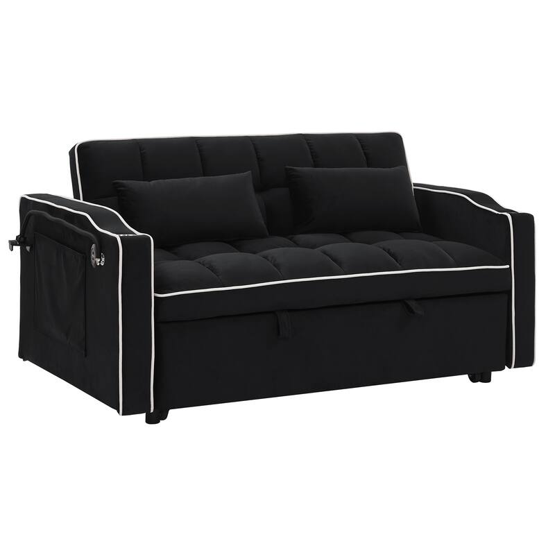 55.5"Solid Wood 2-Seat Sofa with USB Charging Ports and Phone Stand,Includes 2 Soft Pillows