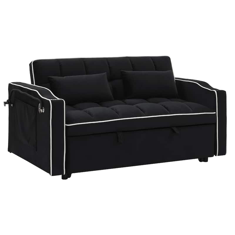 Small Folding Loveseat Sofa Bed with Adjustable Backrest, 55.5" Velvet Pull-Out Couch with USB Charging Port, Phone Holder