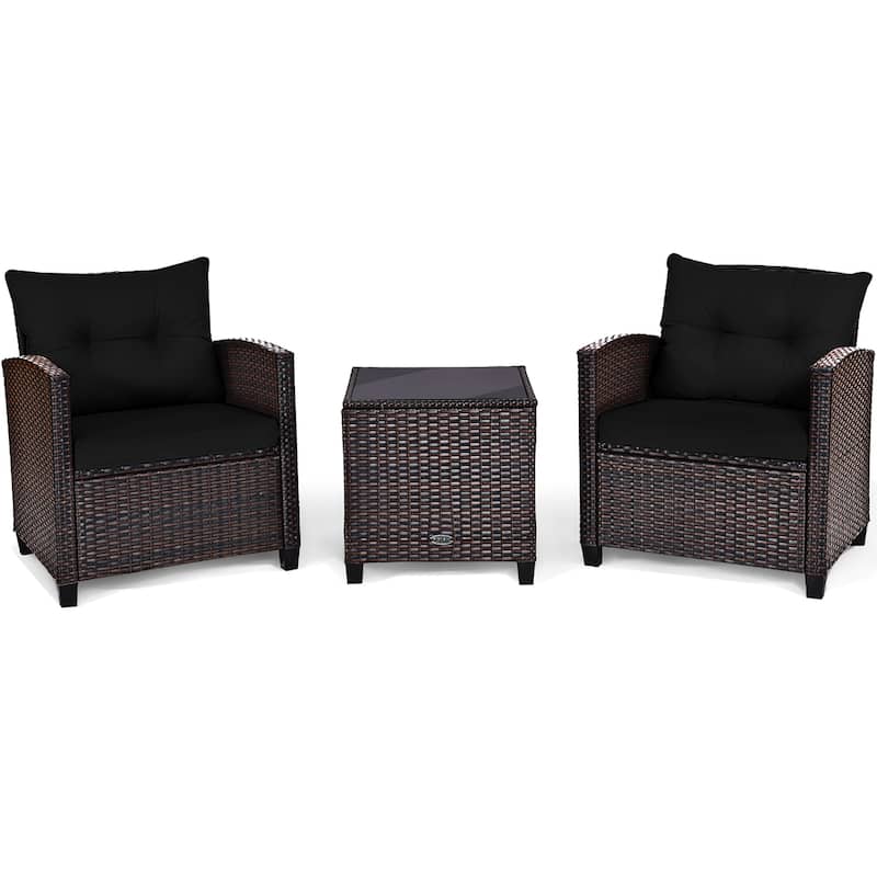 Outdoor 3-piece Cushioned Rattan Patio Furniture Conversation Set