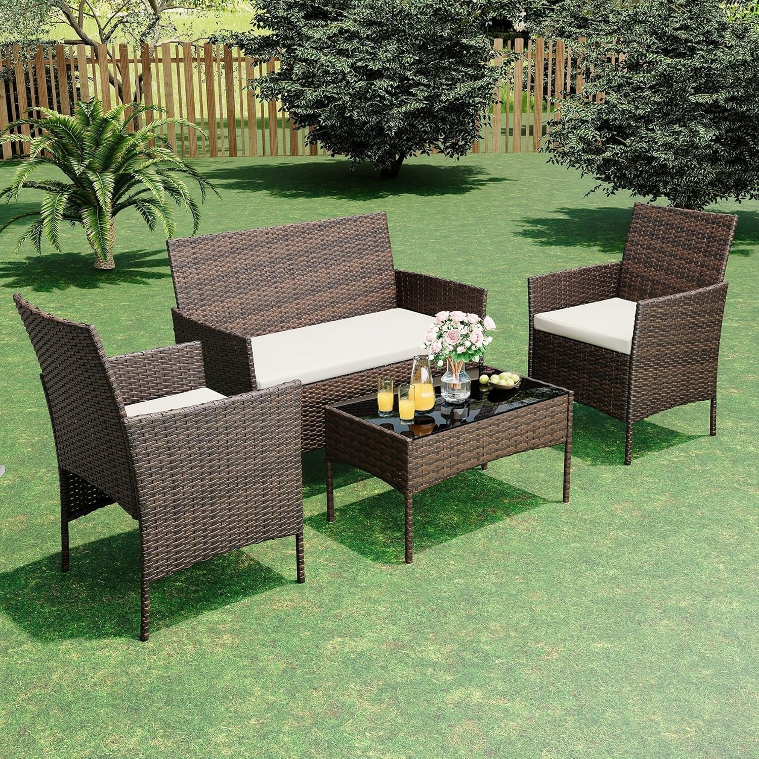 4 Piece Outdoor Patio Furniture Set, Rattan Conversation Set with Coffee Table, Garden Porch, Black Beige