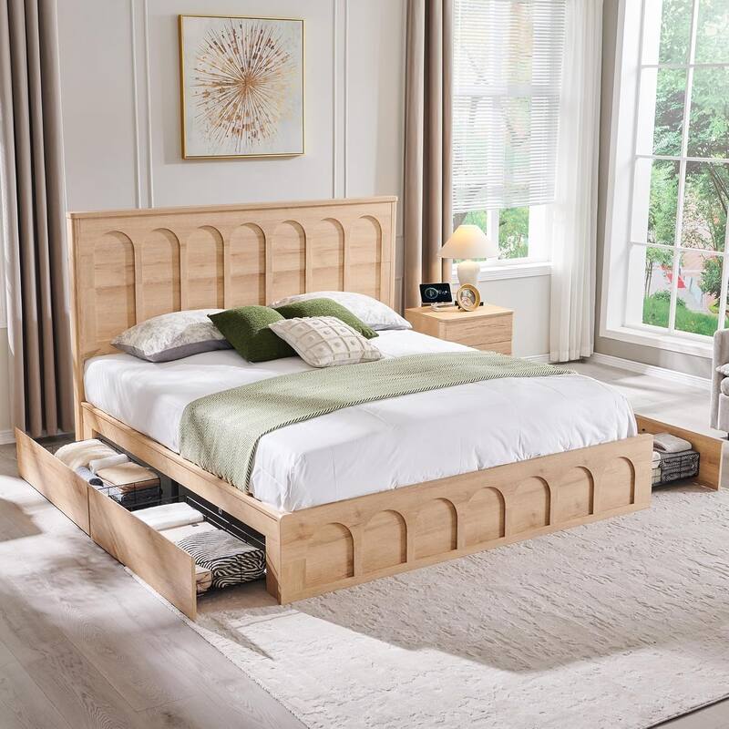 Modern King Size Bed Frame, 52" Tall Arched Recessed Headboard - Natural Oak