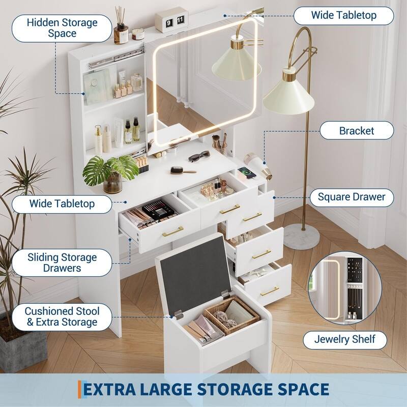 Makeup Vanity Table with Mirror, 5 Drawers, Stool, Charging Station, Hair Dryer Holder
