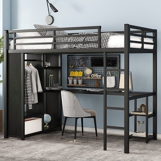 Twin XL Size Loft Bed Frame with Built-in Wardrobe, Metal Loft Bed with Desk and Storage Shelves, Black