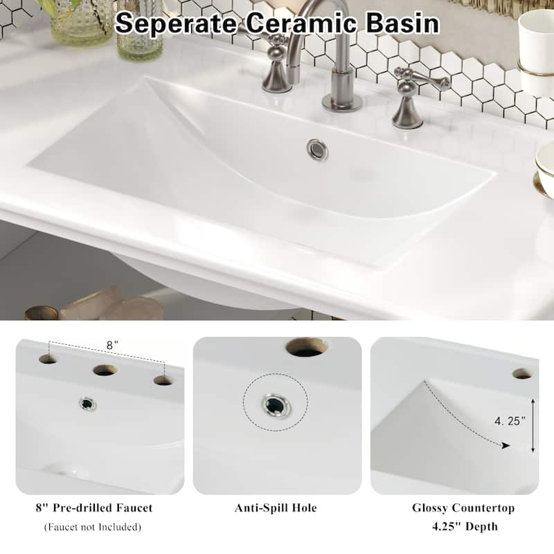 36" Bathroom Vanity Set with Ceramic Sink – Features Adjustable Shelf, Open Storage, Solid Wood Legs & Waterproof Finish.