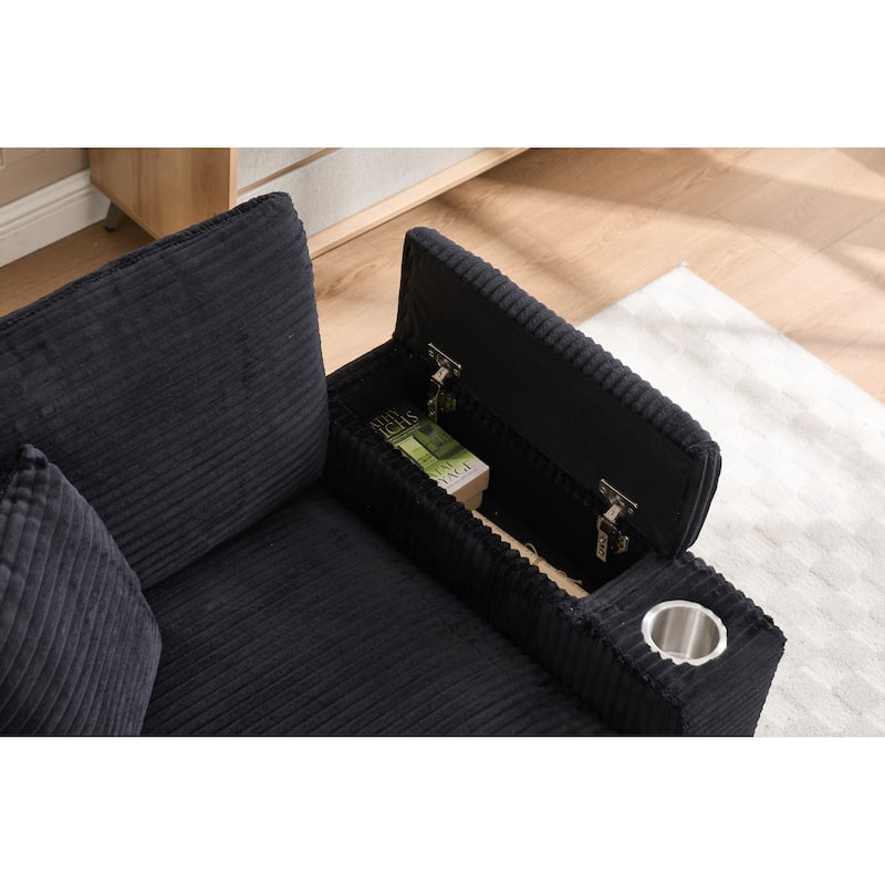 Corduroy Sofa Sets with Ottoman, Handrail Storage and Cup Holders