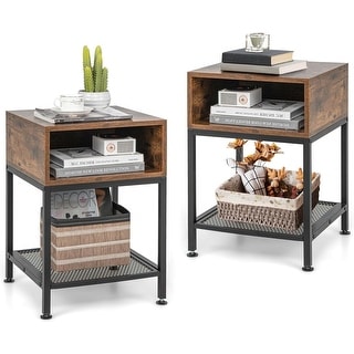 Industrial 2-Tier Side Table Set with Open & Mesh Storage Shelf, Rustic ...