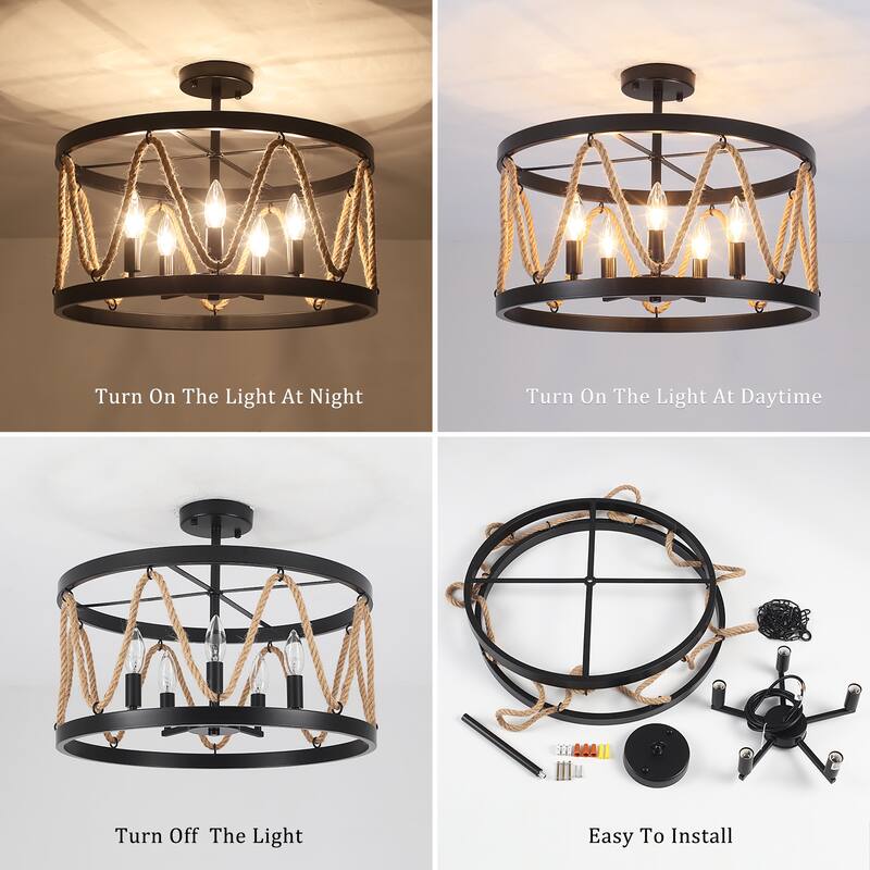 19.68" Wide Rural Drum Chandelier, 5-Light Semi-Flush Mount Lighting with Cage Lamp-Shade, Pendant Light for Dining Room