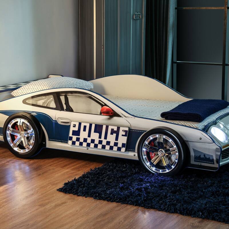 Rixi Modern White Chrome Wheel Car Kids Bed by Furniture of America