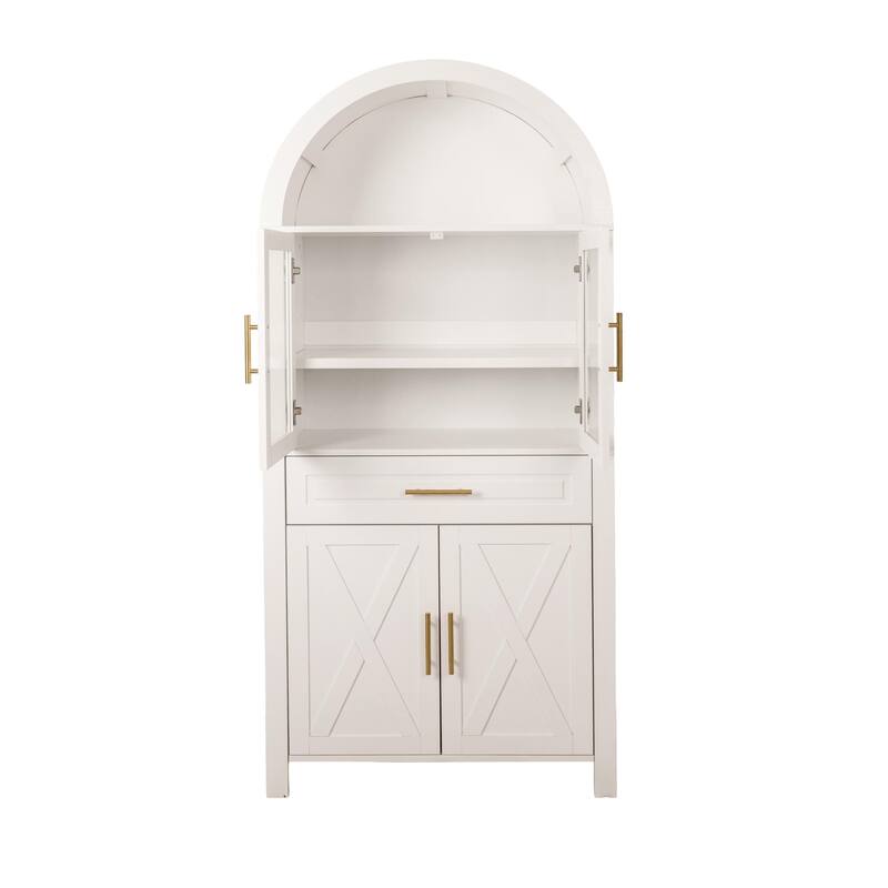 Arched Kitchen Pantry Cabinet, Storage Cabinet with Large Drawers, Display Cabinet with Glass Doors & Adjustable Shelves