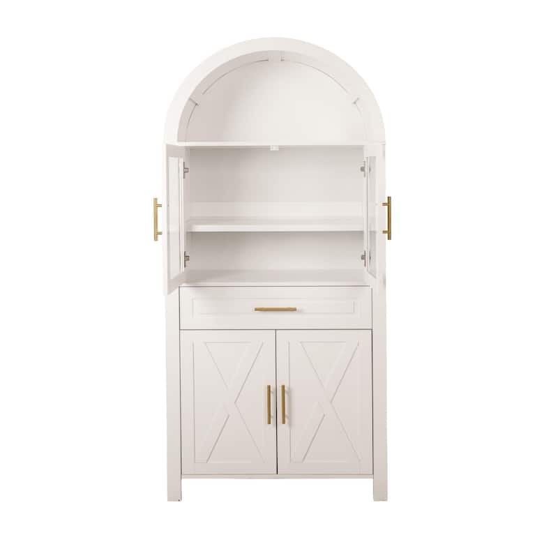 Arched Kitchen Pantry Cabinet with Glass Door, Farmhouse 71" Storage Cabinet with Adjustable Shelves & Barn Door Design
