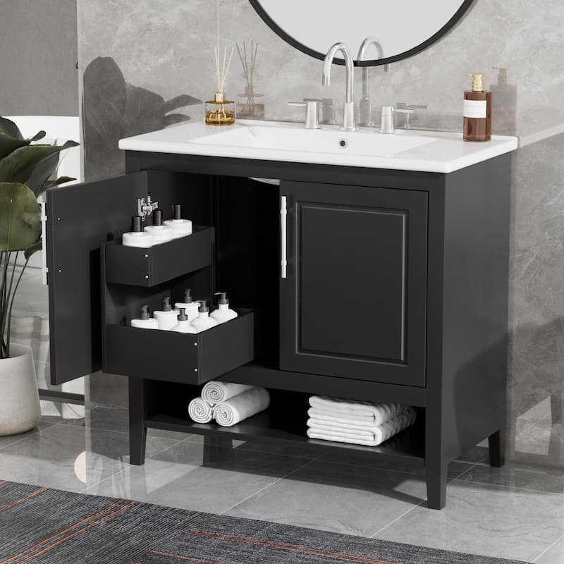 Roomfitters 36" Bathroom Vanity with Sink, Cabinet with Doors and Drawers, Multi-Functional MDF Storage Unit, Black