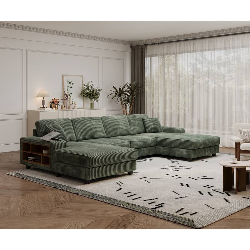 139.76" Corduroy U-Shaped Sectional Sofa with Storage Arms & Pocket Spring Cushions