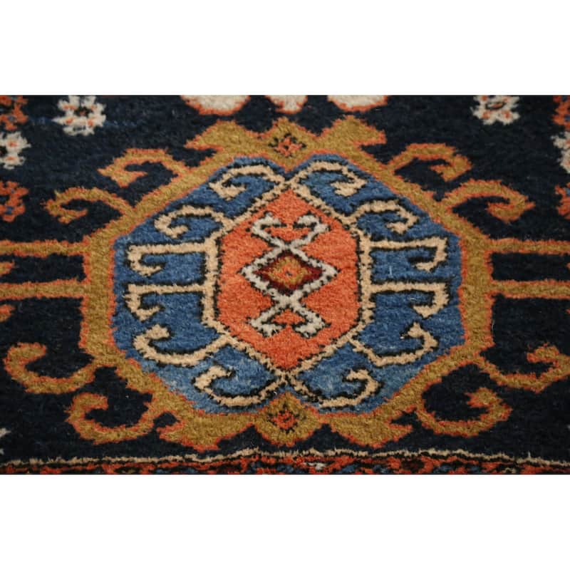 Hand Knotted Oriental 100% Wool Carpet Traditional Geometric Navy Blue & Blues Heriz Area Rug - 4' 9'' X 3' 8''