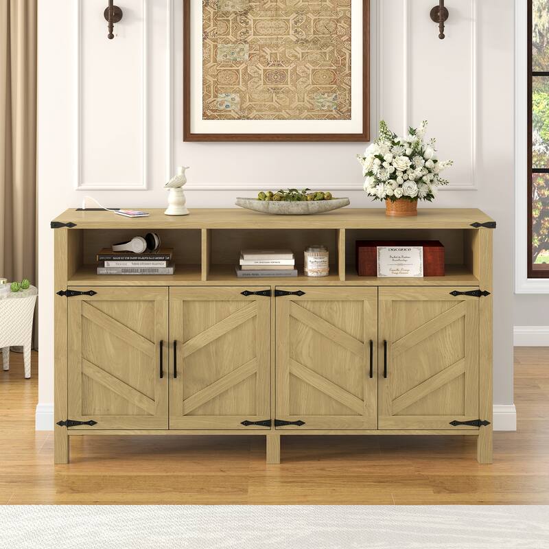 Sideboard Buffet with Power Outlets and USB Ports, 4 Door Sideboard with Adjustable Shelves and 3 Open Storage Cubbies