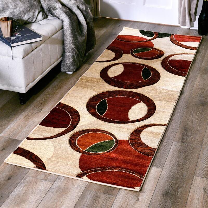 Orelsi Collection Abstract Geometric Circles Area Rug - 2'8" x 11'10" Runner - Beige/Red