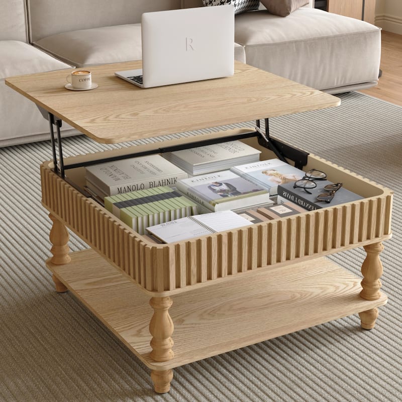 Modern Fluted Solid Wood Accent Coffee Table with Hidden Storage