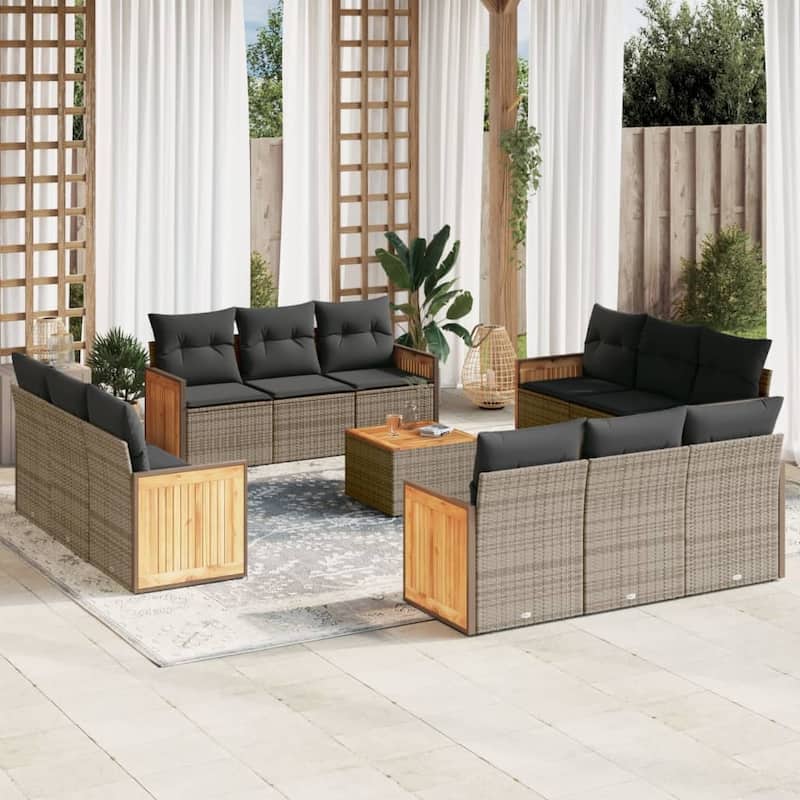 vidaXL Patio Sofa Set with Cushions Outdoor Conversation Furniture Poly Rattan - Grey-With table - 21.7 x 21.7 x 14.6