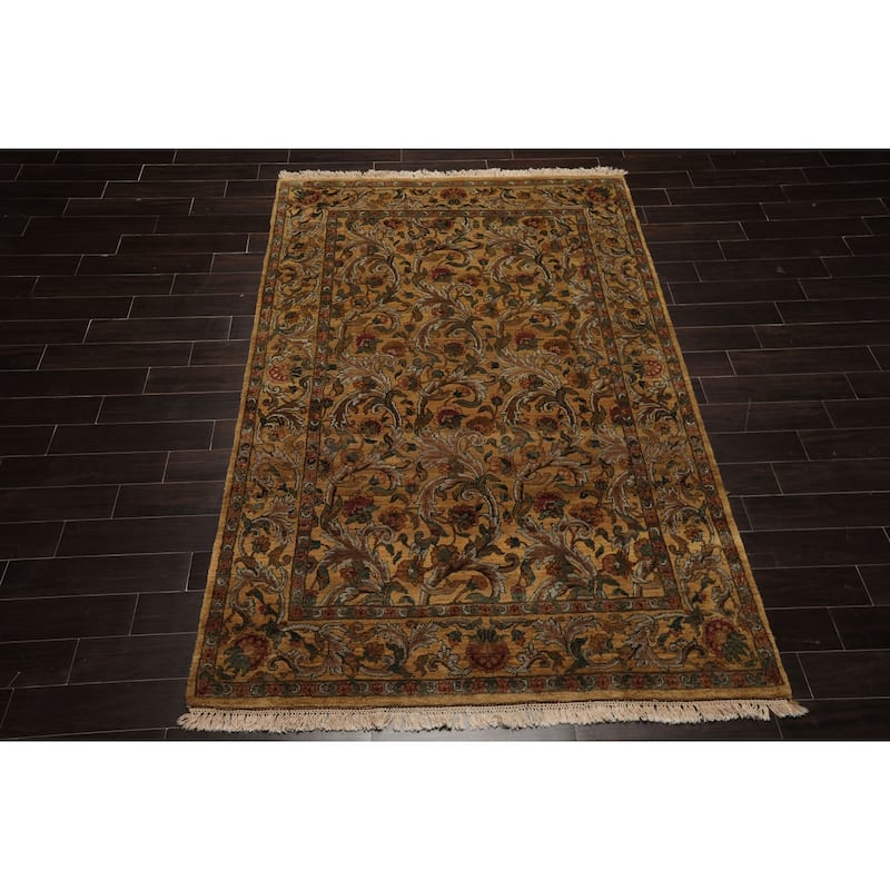 Agra Traditional Botanical Plush Pile Gold Wash Silky Sheen 5'11''x9 Hand Knotted New Zealand Wool Gold Rug - 5' 11'' x 9'