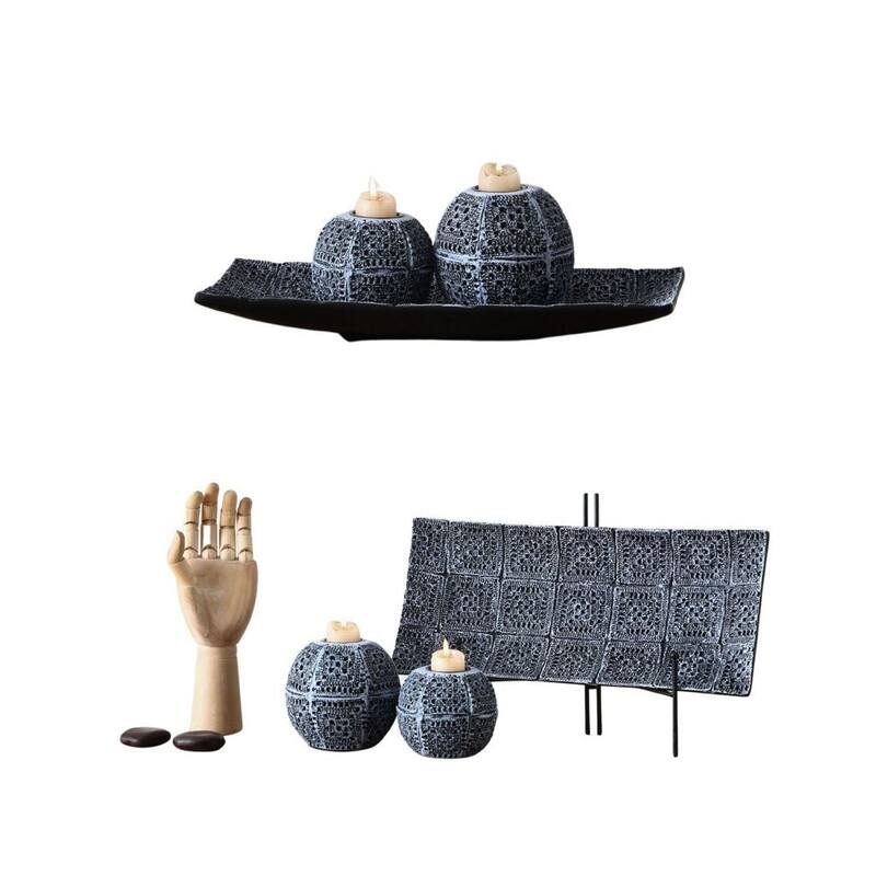 3 pc Quilted Black Textured Polyresin Candle Holder with Tray Set