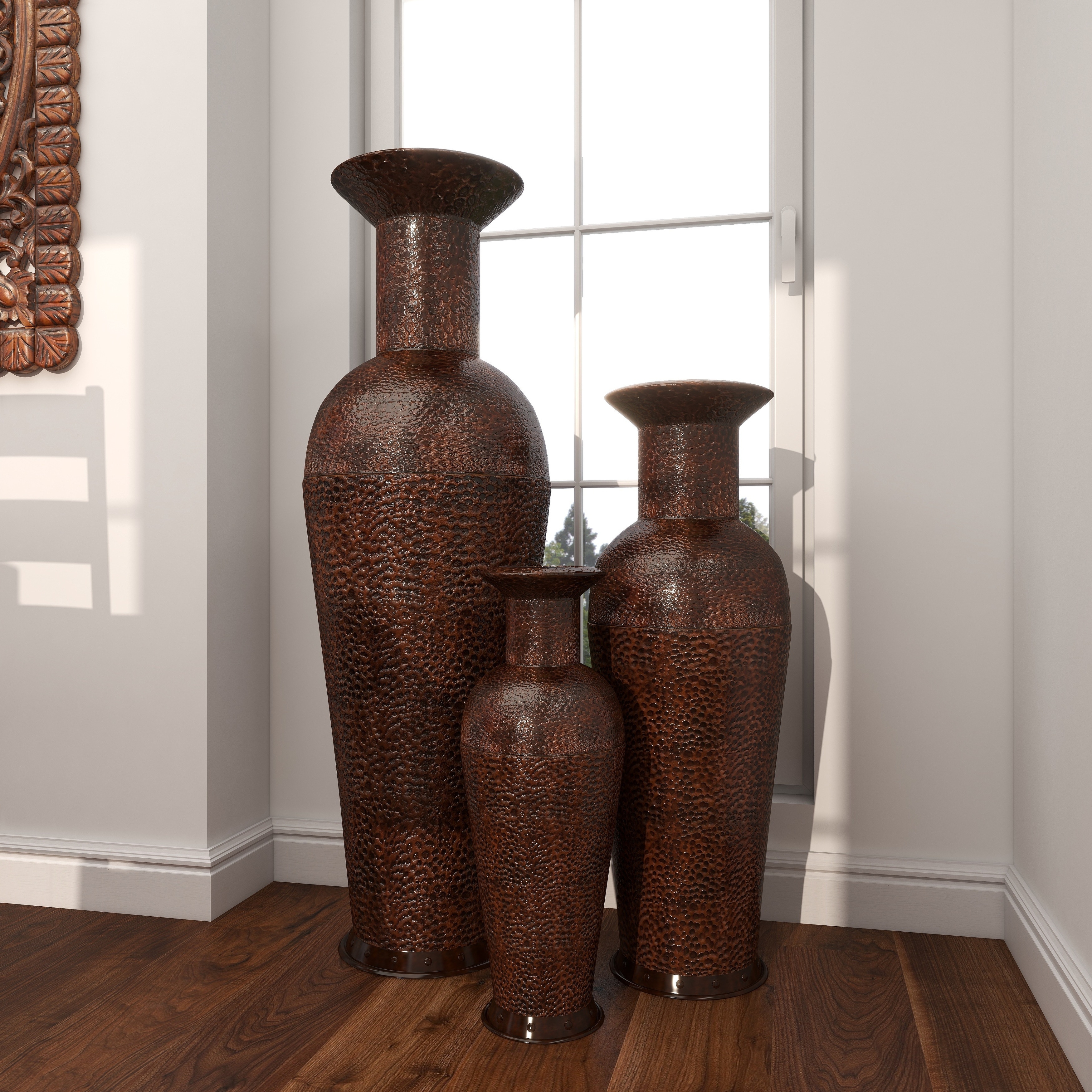 Oversized Metal Cylinder Vase with Hammered Deep Bronze Finish